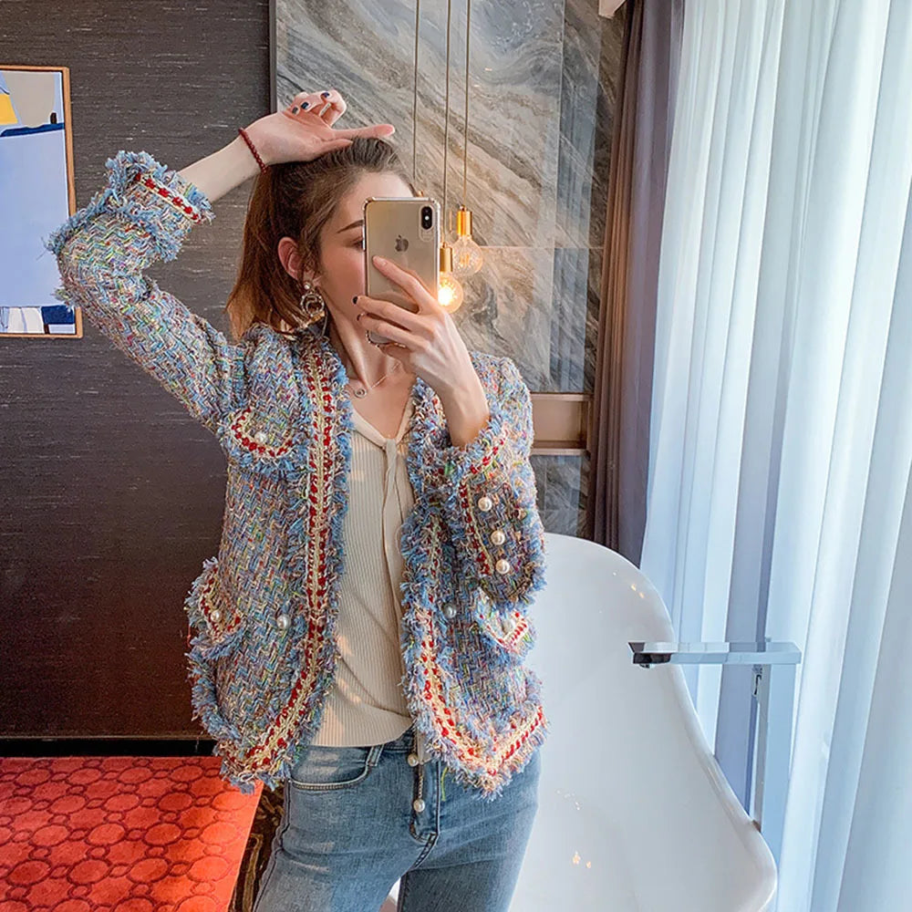 Women Single-breasted Vintage Tweed Woolen Jacket Coat Tassel Short