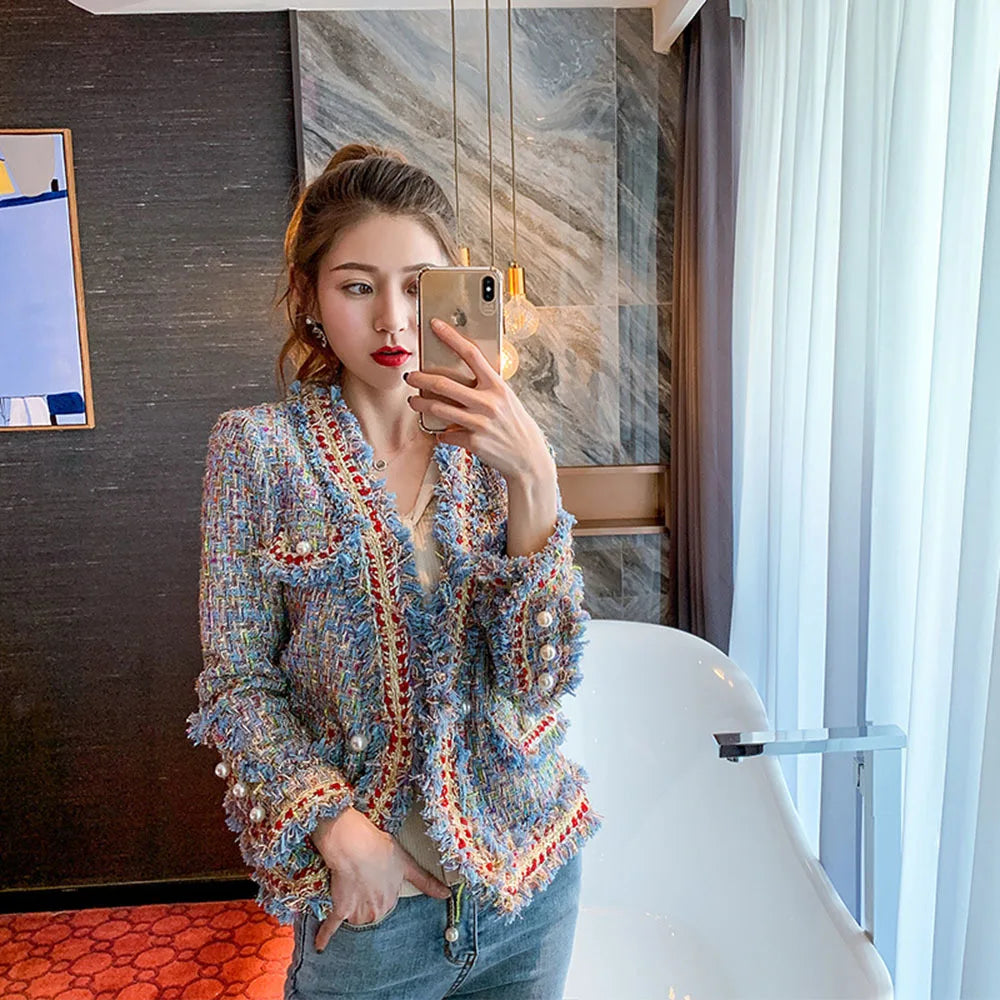 Women Single-breasted Vintage Tweed Woolen Jacket Coat Tassel Short