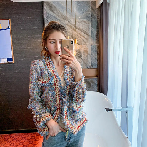 Women Single-breasted Vintage Tweed Woolen Jacket Coat Tassel Short