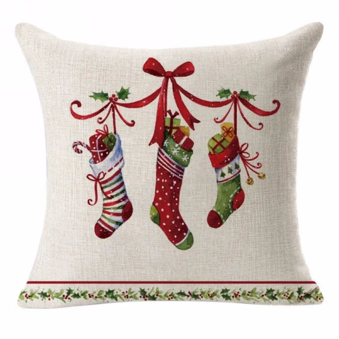 Christmas Elk Santa Cushion Cover 45×45cm, Cartoon Printed Linen Cotton Pillowcase, Festive Holiday Throw Pillow Cover for Sofa, Bed, Chair & Home Decor