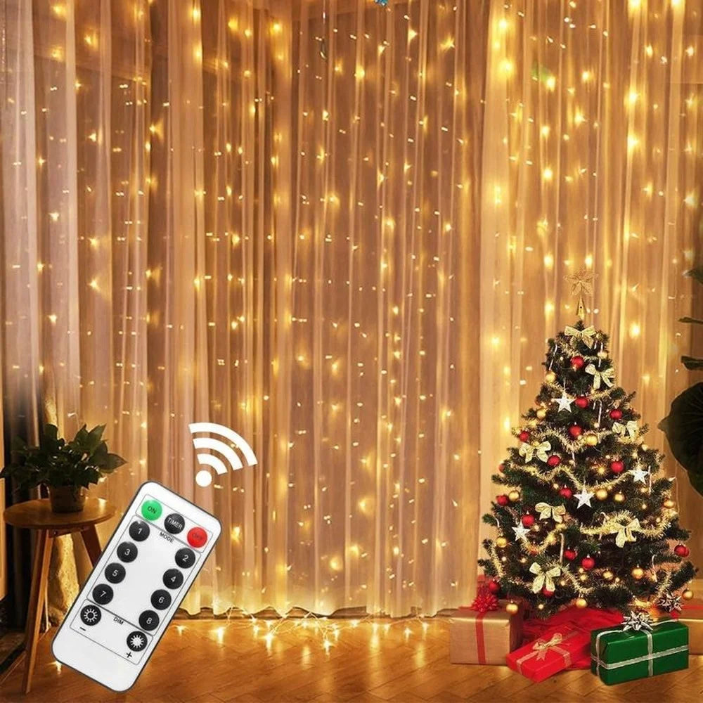 Christmas Curtain Lights 3×1M–3×3M, LED Curtain Garland with Remote Control & Dimmable Lighting, 100–300 LEDs Holiday Fairy Lights for Home, Party & Xmas Decor