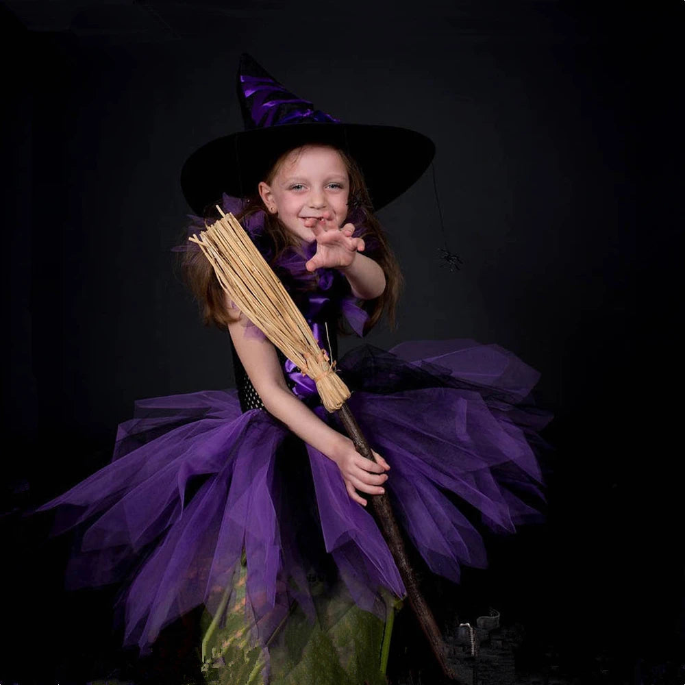 Halloween Costume For Kids Girls Witch Kids Clothing Fancy Tutu Dress with Hat  Girls Fantasy Carnival Party Dress