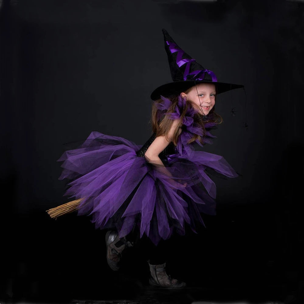 Halloween Costume For Kids Girls Witch Kids Clothing Fancy Tutu Dress with Hat  Girls Fantasy Carnival Party Dress