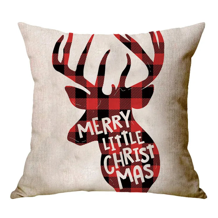 Christmas Elk Santa Cushion Cover 45×45cm, Cartoon Printed Linen Cotton Pillowcase, Festive Holiday Throw Pillow Cover for Sofa, Bed, Chair & Home Decor