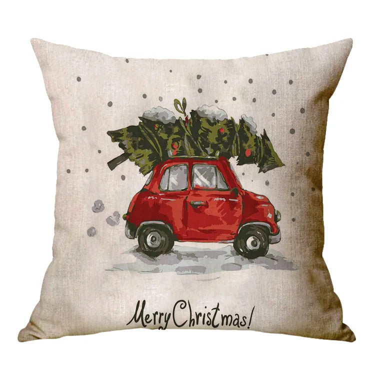 Christmas Elk Santa Cushion Cover 45×45cm, Cartoon Printed Linen Cotton Pillowcase, Festive Holiday Throw Pillow Cover for Sofa, Bed, Chair & Home Decor