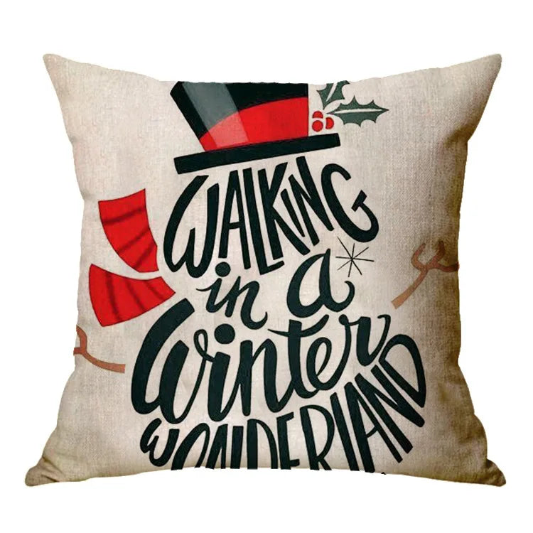 Christmas Elk Santa Cushion Cover 45×45cm, Cartoon Printed Linen Cotton Pillowcase, Festive Holiday Throw Pillow Cover for Sofa, Bed, Chair & Home Decor