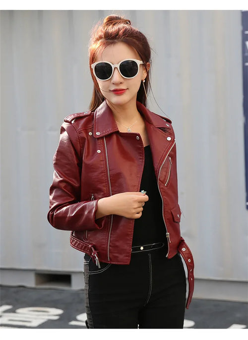 Spring Autumn Motorcycle Leather Jackets Women Short PU Leather Coat