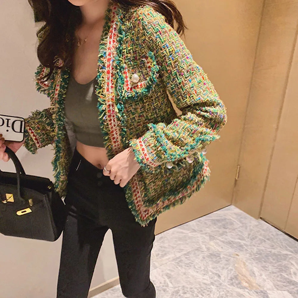 Women Single-breasted Vintage Tweed Woolen Jacket Coat Tassel Short