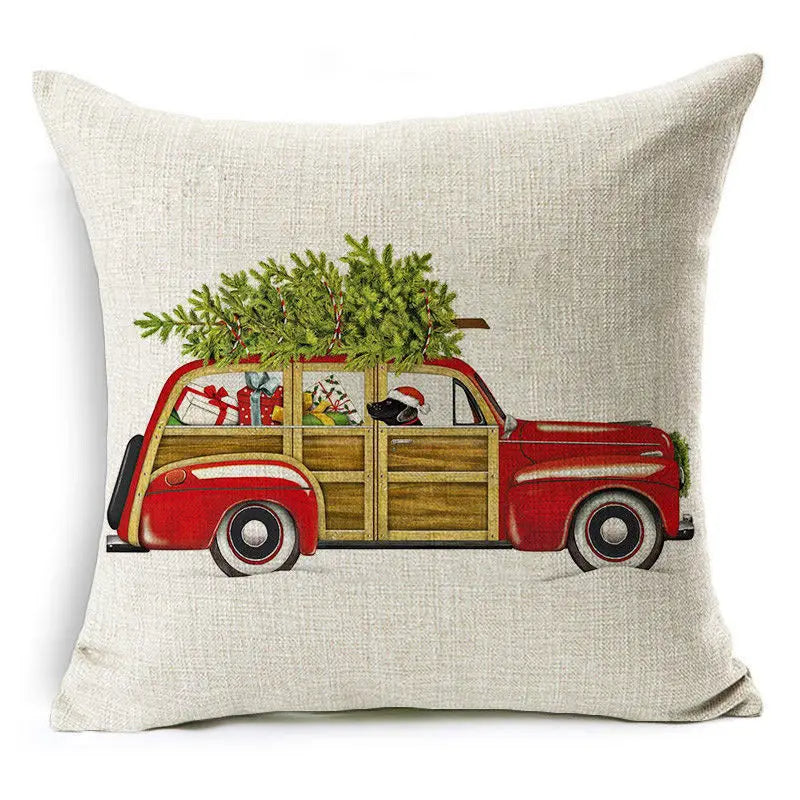Christmas Elk Santa Cushion Cover 45×45cm, Cartoon Printed Linen Cotton Pillowcase, Festive Holiday Throw Pillow Cover for Sofa, Bed, Chair & Home Decor