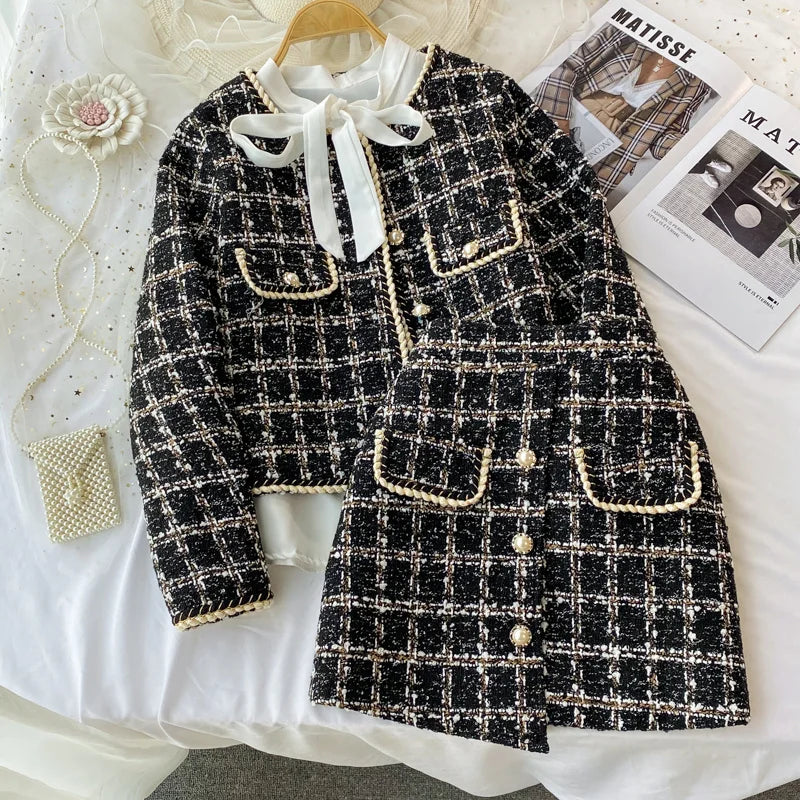 2026 Autumn 2 Pieces Set Elegant Fashion Vintage Plaid Tweed Long
