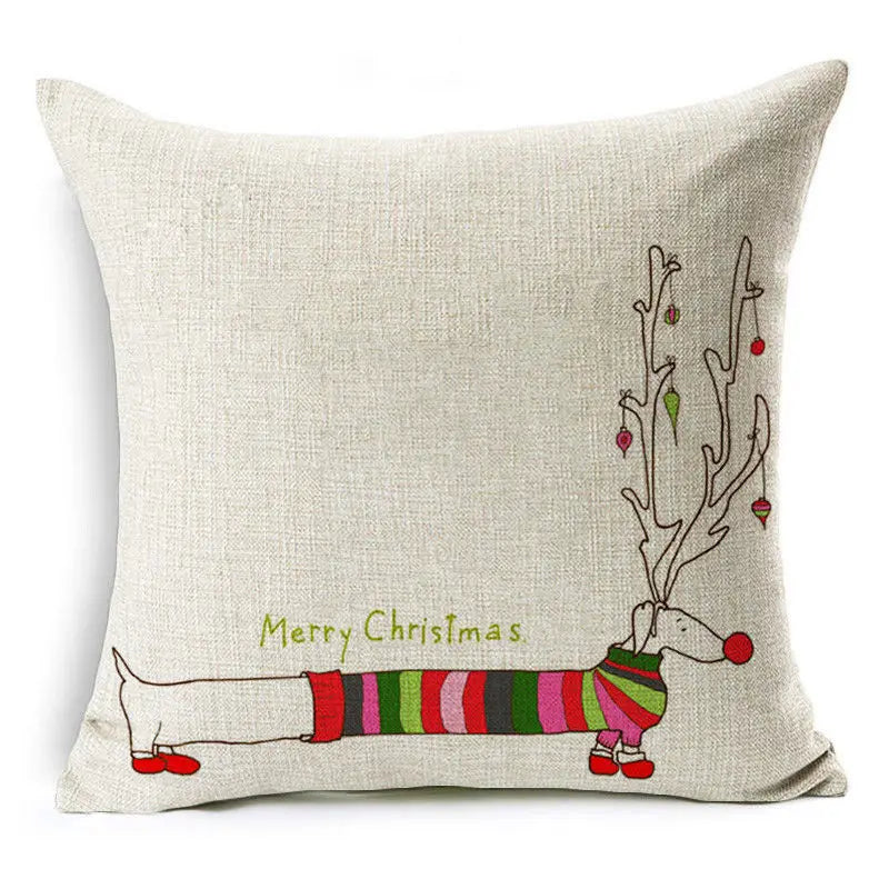 Christmas Elk Santa Cushion Cover 45×45cm, Cartoon Printed Linen Cotton Pillowcase, Festive Holiday Throw Pillow Cover for Sofa, Bed, Chair & Home Decor