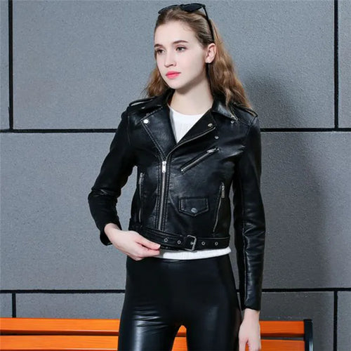 Spring Autumn Motorcycle Leather Jackets Women Short PU Leather Coat