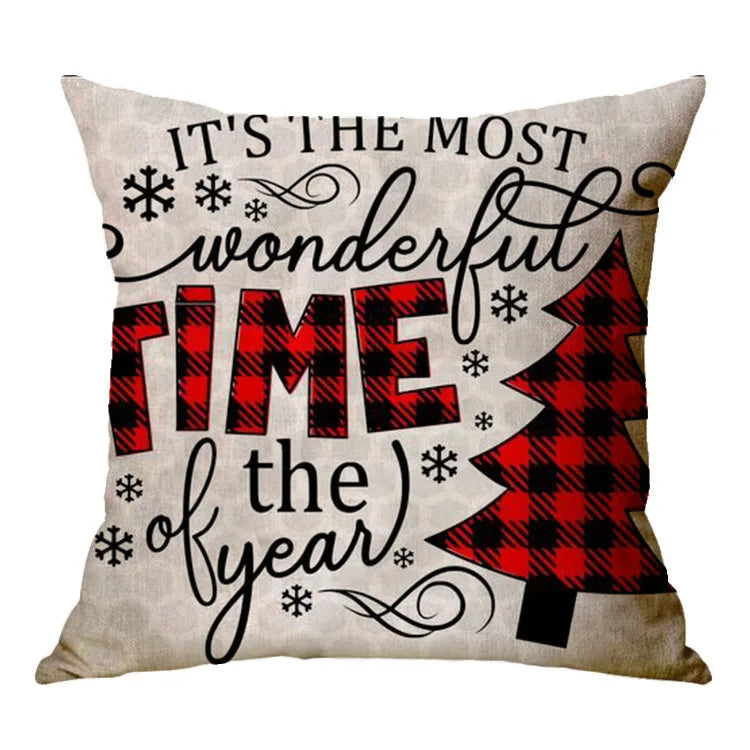 Christmas Elk Santa Cushion Cover 45×45cm, Cartoon Printed Linen Cotton Pillowcase, Festive Holiday Throw Pillow Cover for Sofa, Bed, Chair & Home Decor