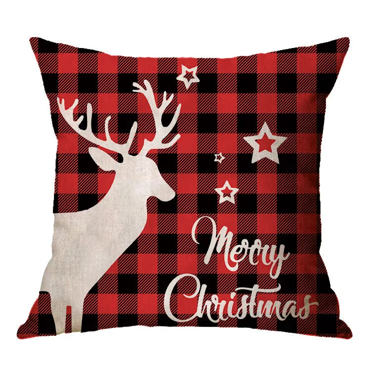 Christmas Elk Santa Cushion Cover 45×45cm, Cartoon Printed Linen Cotton Pillowcase, Festive Holiday Throw Pillow Cover for Sofa, Bed, Chair & Home Decor