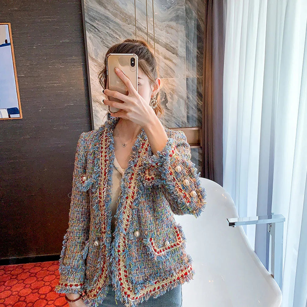 Women Single-breasted Vintage Tweed Woolen Jacket Coat Tassel Short