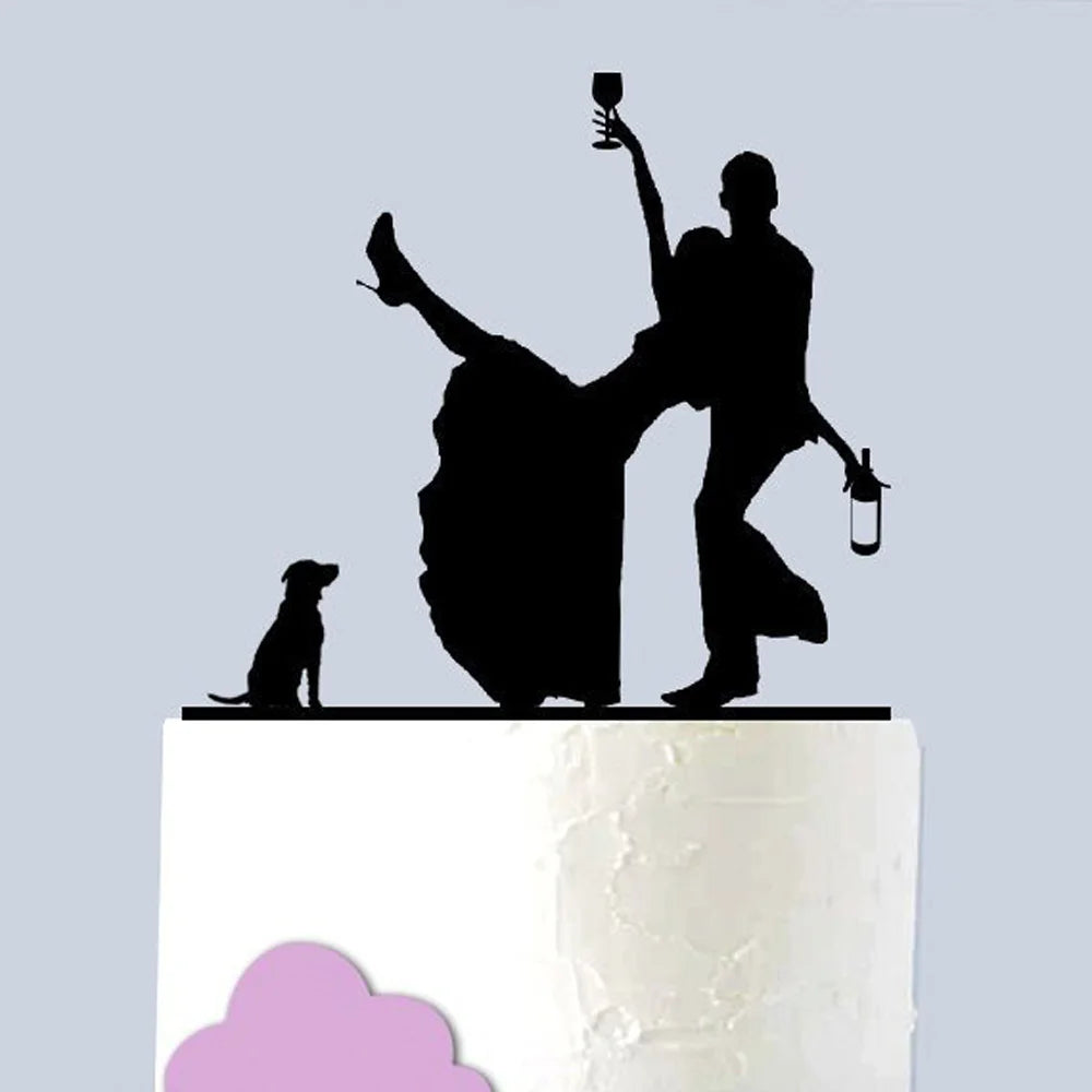 Funny Drunk Couple with Dog Wedding Cake Topper – Custom Acrylic Bride & Groom Silhouette Cake Decoration