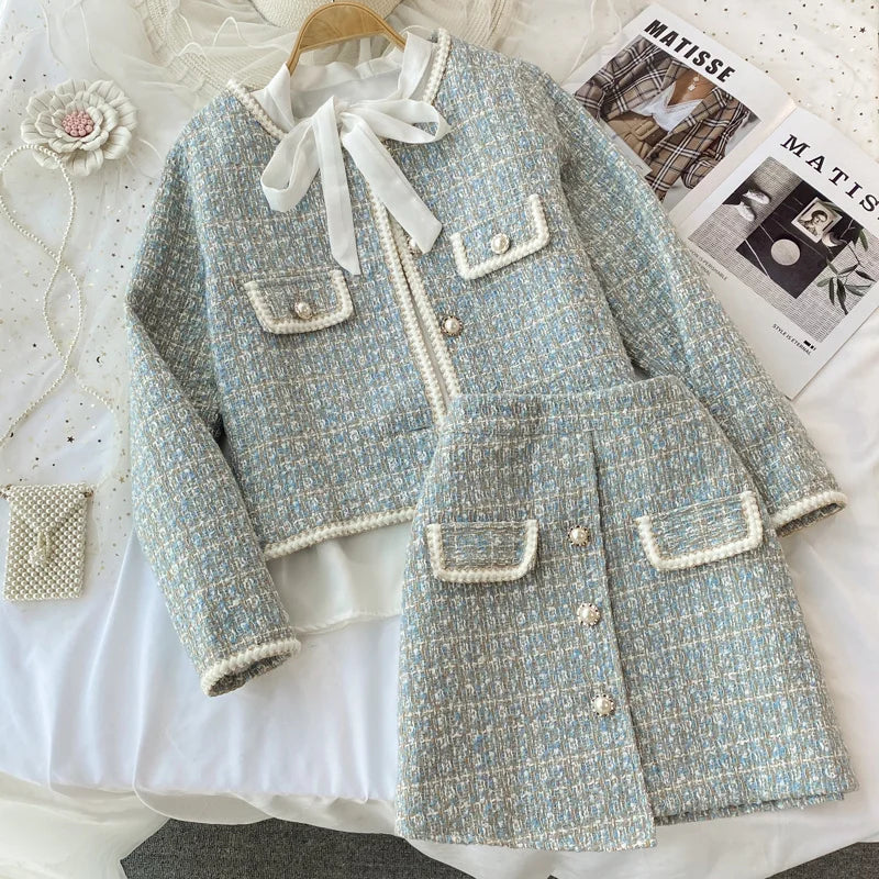 2026 Autumn 2 Pieces Set Elegant Fashion Vintage Plaid Tweed Long