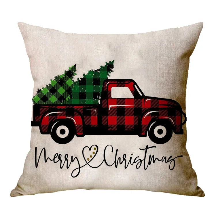 Christmas Elk Santa Cushion Cover 45×45cm, Cartoon Printed Linen Cotton Pillowcase, Festive Holiday Throw Pillow Cover for Sofa, Bed, Chair & Home Decor