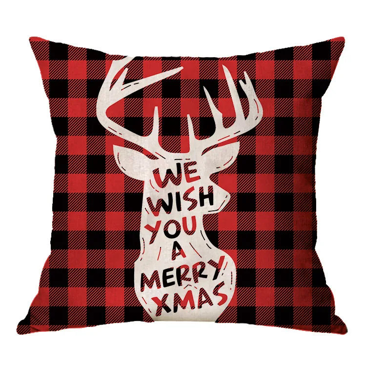 Christmas Elk Santa Cushion Cover 45×45cm, Cartoon Printed Linen Cotton Pillowcase, Festive Holiday Throw Pillow Cover for Sofa, Bed, Chair & Home Decor