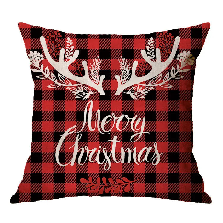 Christmas Elk Santa Cushion Cover 45×45cm, Cartoon Printed Linen Cotton Pillowcase, Festive Holiday Throw Pillow Cover for Sofa, Bed, Chair & Home Decor