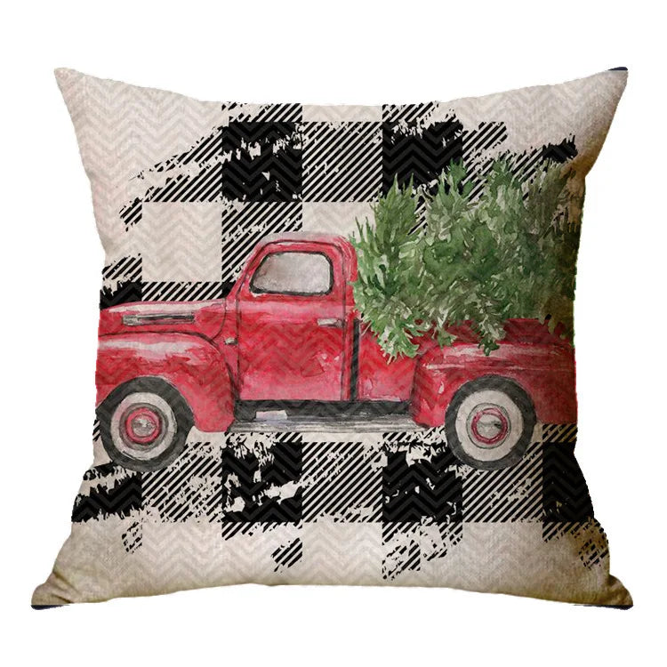 Christmas Elk Santa Cushion Cover 45×45cm, Cartoon Printed Linen Cotton Pillowcase, Festive Holiday Throw Pillow Cover for Sofa, Bed, Chair & Home Decor