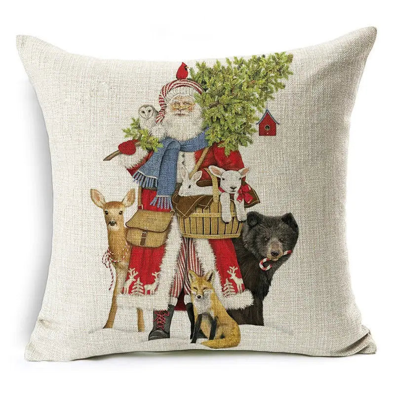 Christmas Elk Santa Cushion Cover 45×45cm, Cartoon Printed Linen Cotton Pillowcase, Festive Holiday Throw Pillow Cover for Sofa, Bed, Chair & Home Decor