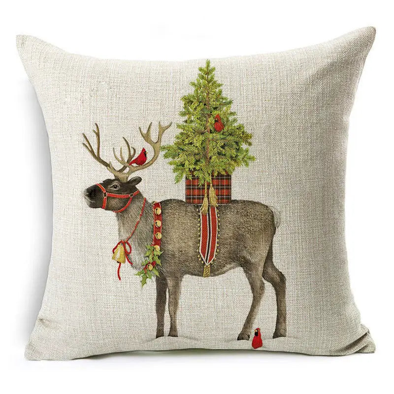 Christmas Elk Santa Cushion Cover 45×45cm, Cartoon Printed Linen Cotton Pillowcase, Festive Holiday Throw Pillow Cover for Sofa, Bed, Chair & Home Decor