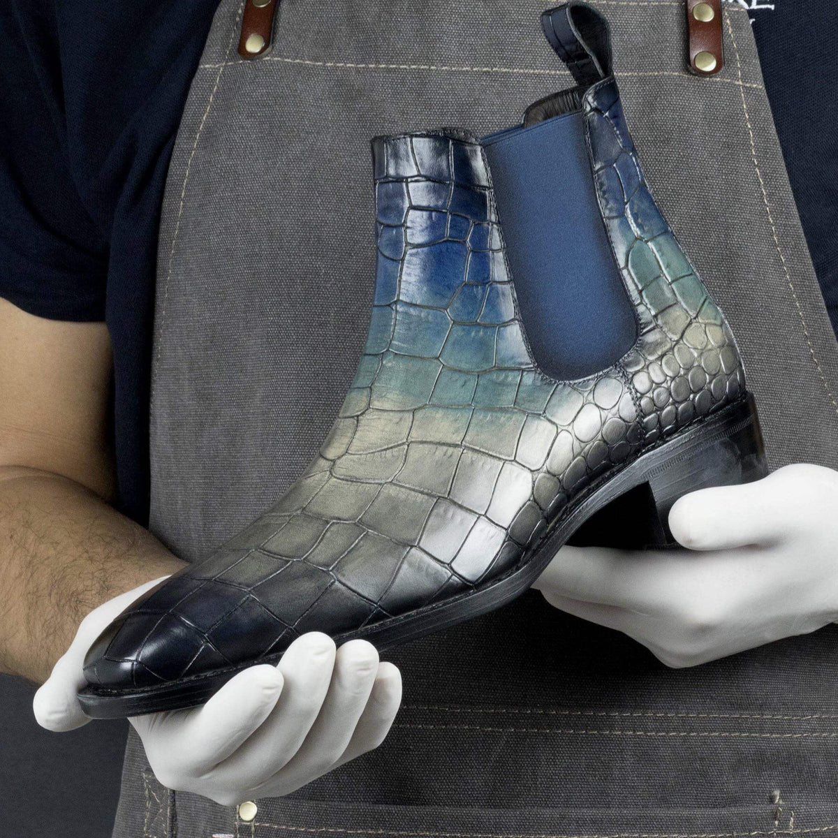 Cina Patina Chelsea Boots II – Handmade Goodyear Welted Croco-Embossed Calf Leather Boots with Hand-Painted Amazona Patina