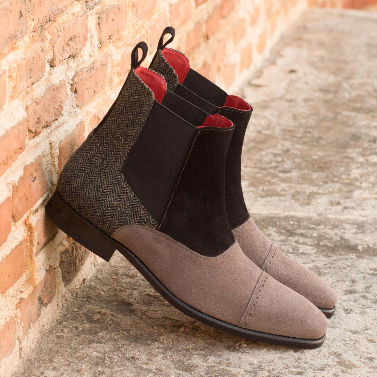 CM20 Chelsea Boots II – Men’s Handmade Herringbone & Suede Chelsea Boots with Red Goodyear Leather Sole