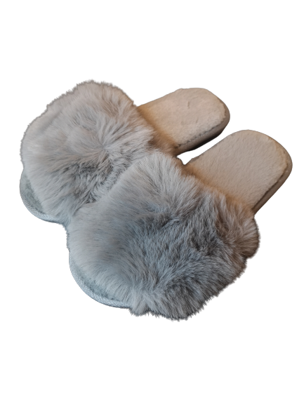 Grey Open-Toe Fluffy Slippers – Ultra-Soft Faux Fur Slider Sandals with Padded Sole & Snug Fit