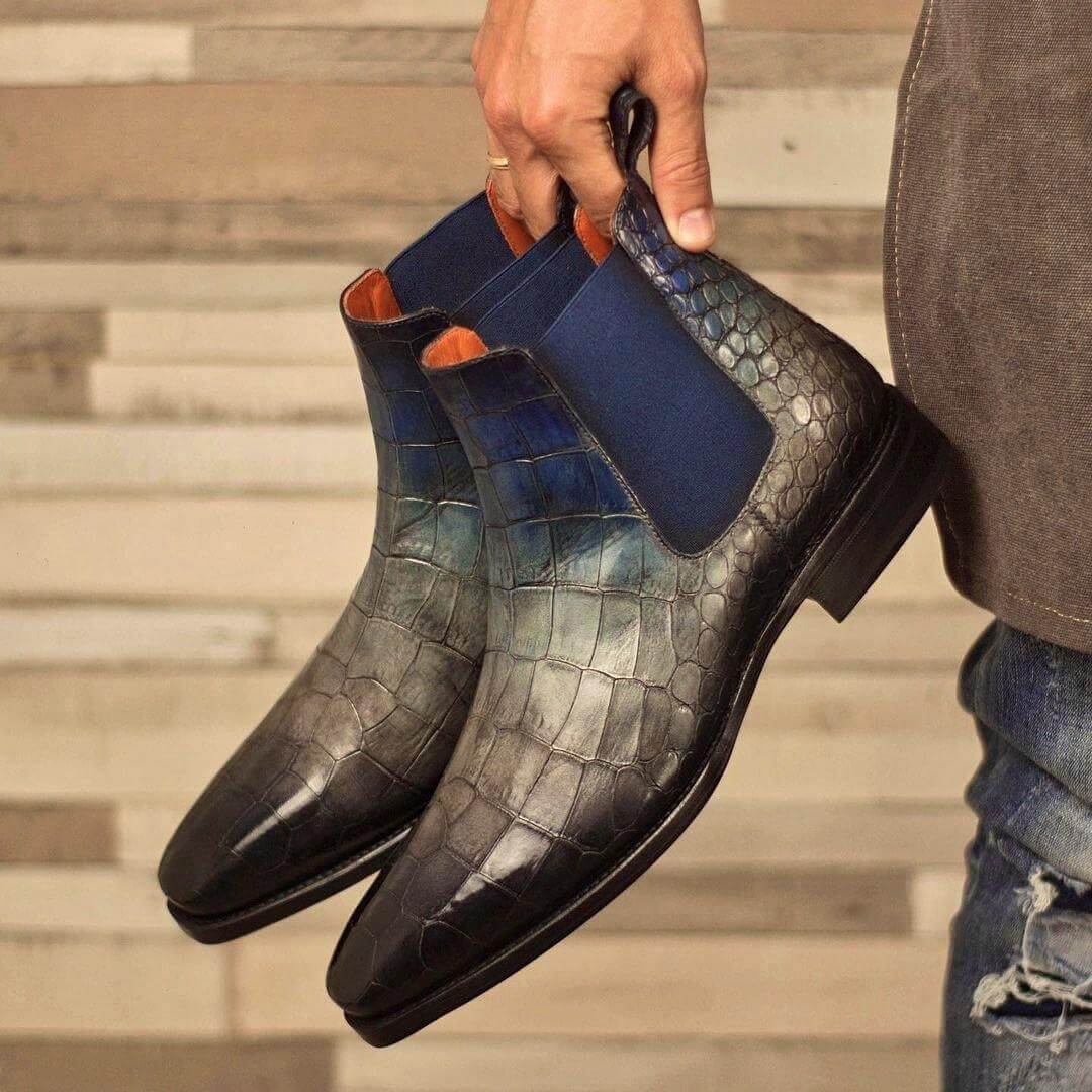 Cina Patina Chelsea Boots II – Handmade Goodyear Welted Croco-Embossed Calf Leather Boots with Hand-Painted Amazona Patina