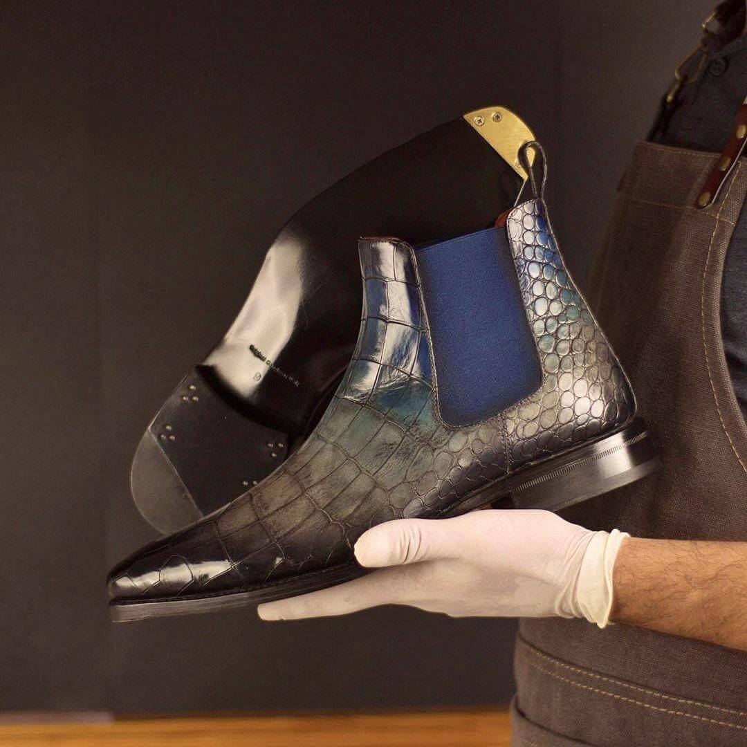 Cina Patina Chelsea Boots II – Handmade Goodyear Welted Croco-Embossed Calf Leather Boots with Hand-Painted Amazona Patina