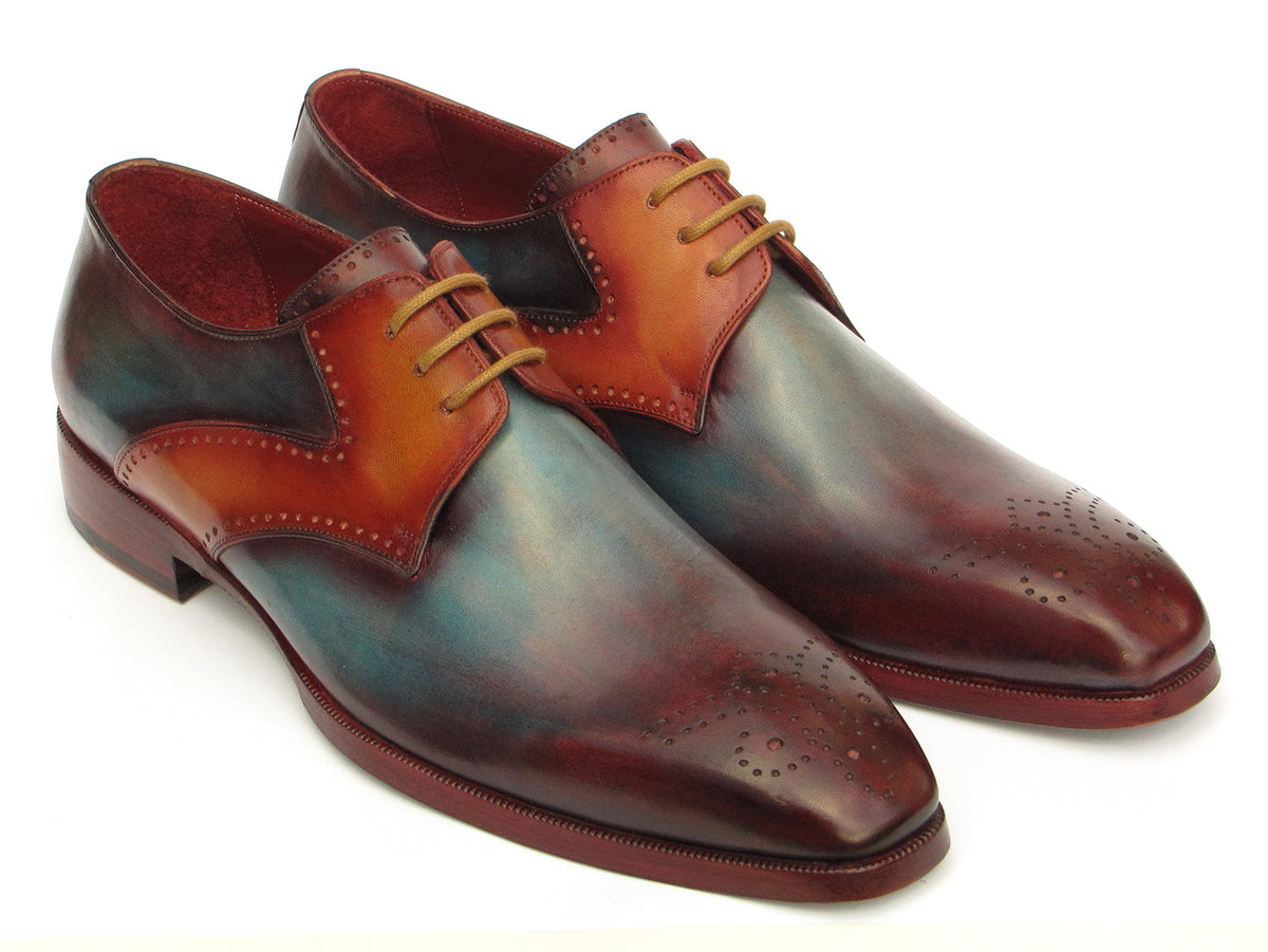 Paul Parkman Men's Multi-Color Medallion Toe Derby Shoes – Hand-Painted Blue, Bordeaux & Camel Calfskin Dress Shoes | ID#6584-MIX