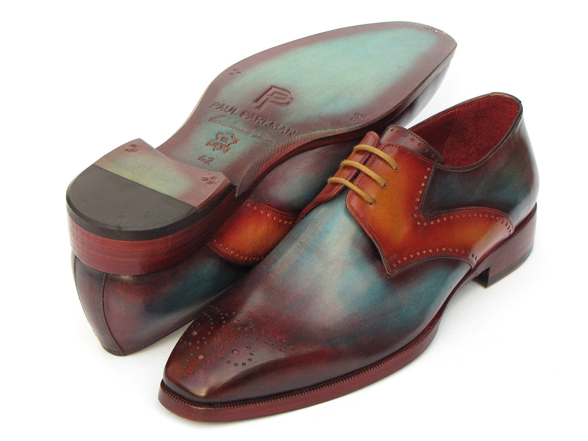 Paul Parkman Men's Multi-Color Medallion Toe Derby Shoes – Hand-Painted Blue, Bordeaux & Camel Calfskin Dress Shoes | ID#6584-MIX