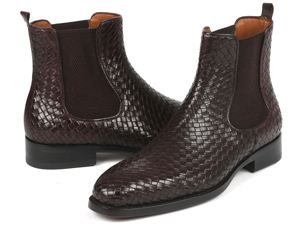 Paul Parkman Men's Chocolate Brown Woven Leather Chelsea Boots – Goodyear Welted Boots with Burnished Double Leather Sole