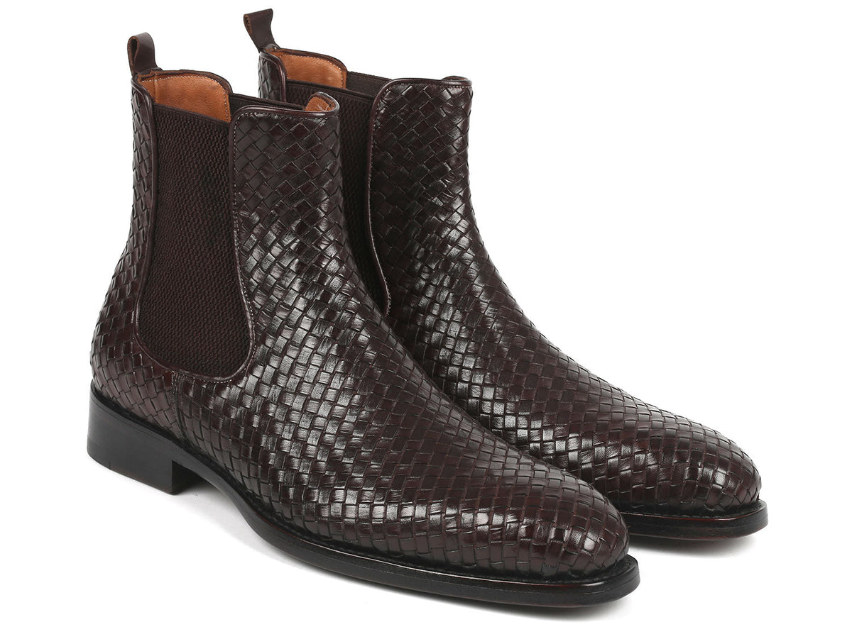 Paul Parkman Men's Chocolate Brown Woven Leather Chelsea Boots – Goodyear Welted Boots with Burnished Double Leather Sole