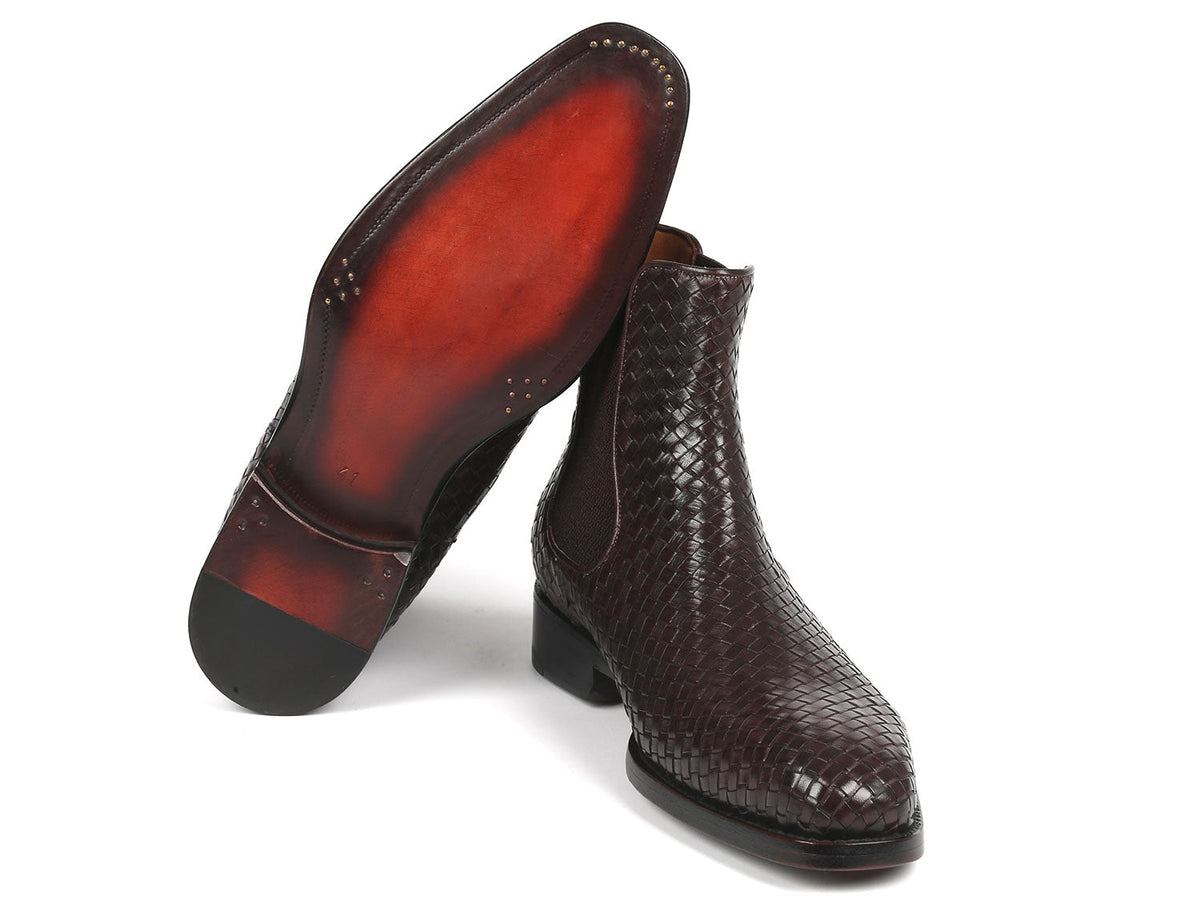 Paul Parkman Men's Chocolate Brown Woven Leather Chelsea Boots – Goodyear Welted Boots with Burnished Double Leather Sole