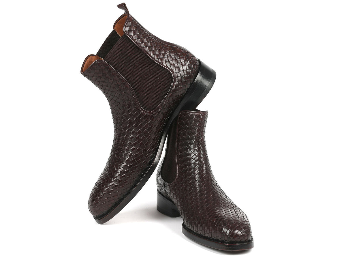 Paul Parkman Men's Chocolate Brown Woven Leather Chelsea Boots – Goodyear Welted Boots with Burnished Double Leather Sole
