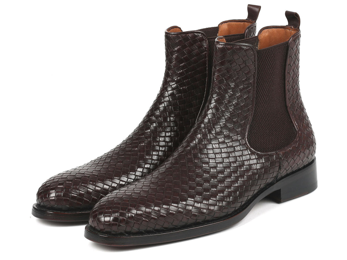 Paul Parkman Men's Chocolate Brown Woven Leather Chelsea Boots – Goodyear Welted Boots with Burnished Double Leather Sole
