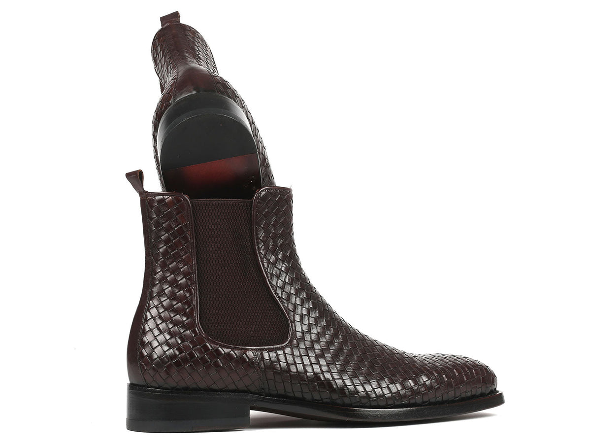 Paul Parkman Men's Chocolate Brown Woven Leather Chelsea Boots – Goodyear Welted Boots with Burnished Double Leather Sole