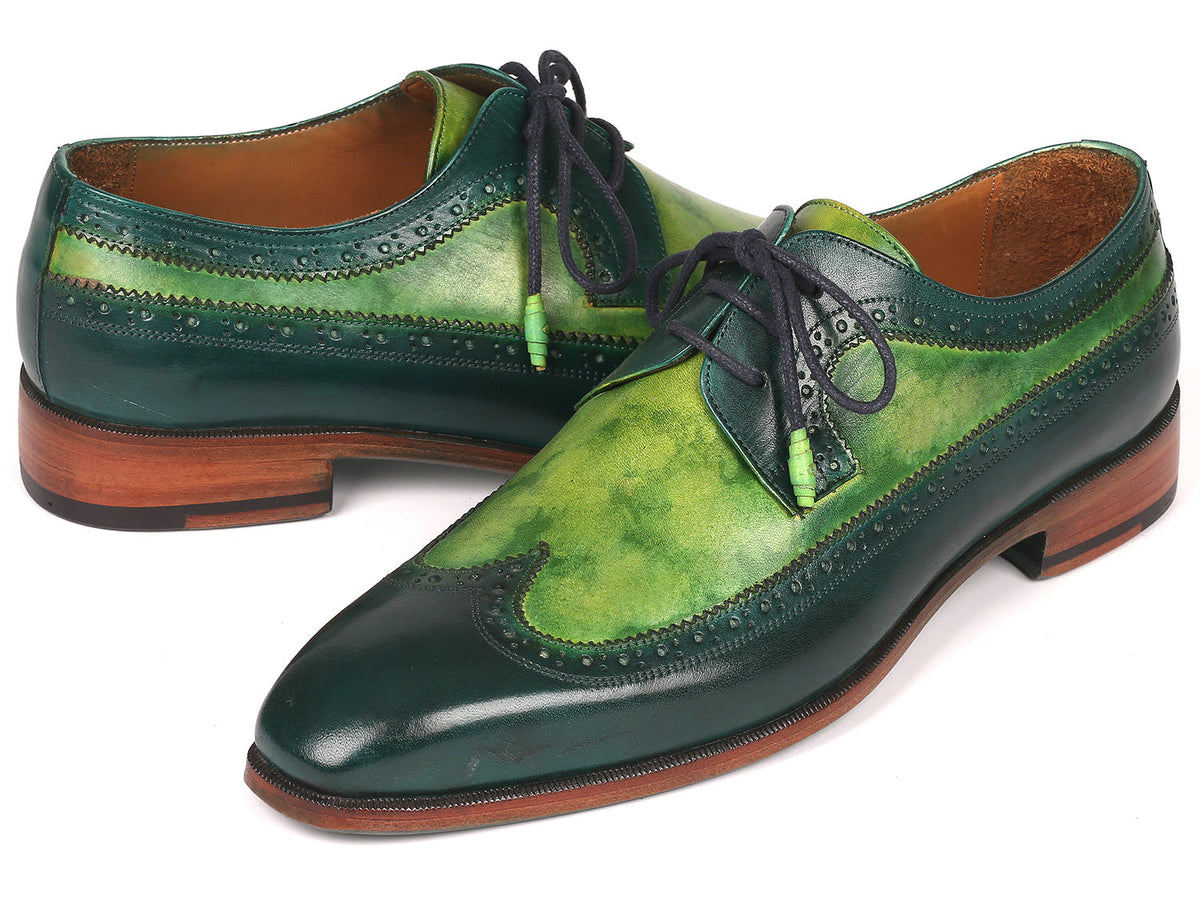 Paul Parkman Men's Green Dual-Tone Wingtip Derby Shoes – Hand-Painted Calfskin Dress Shoes with Blue Burnished Leather Sole | ID#6931GRN