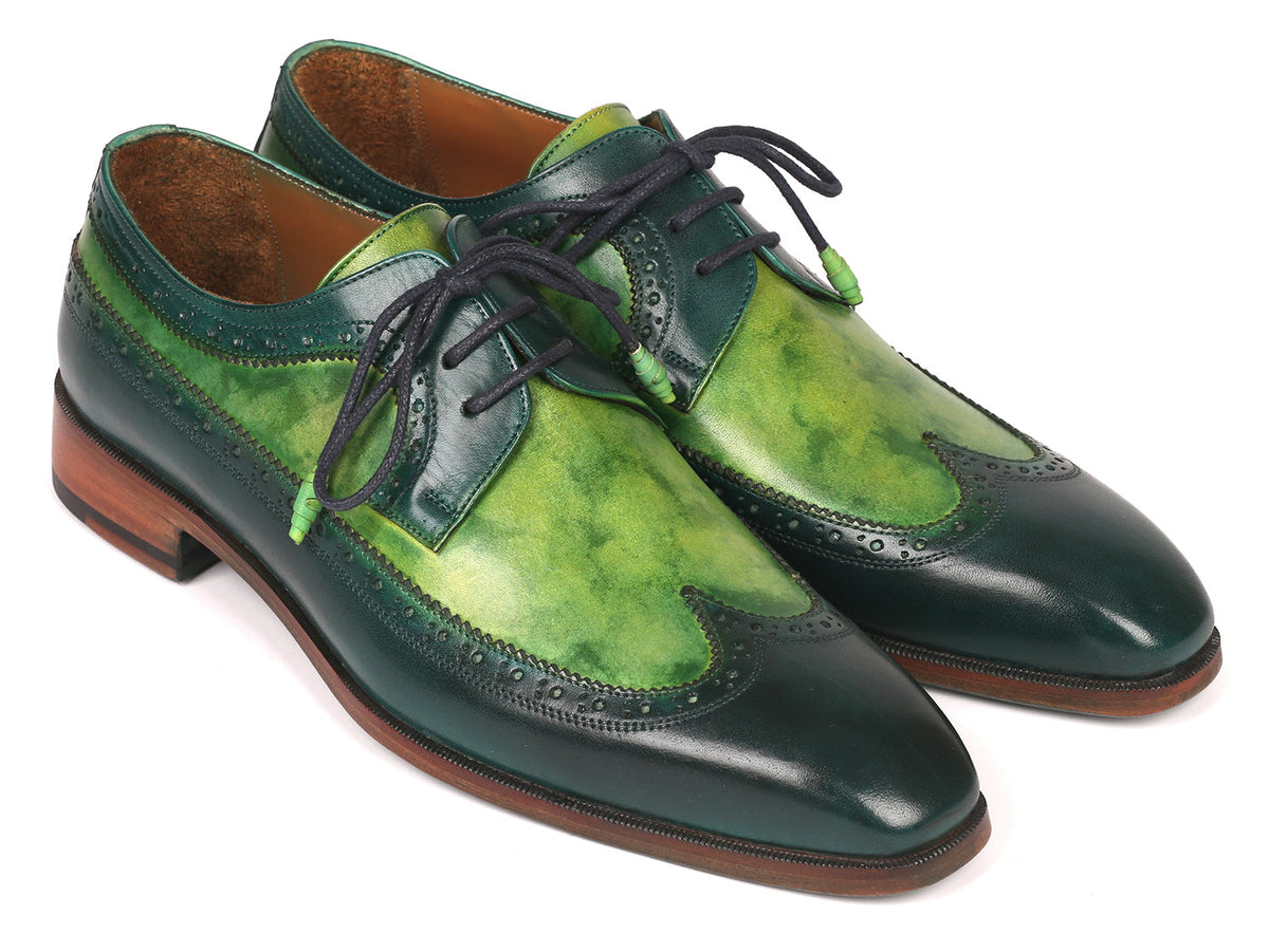 Paul Parkman Men's Green Dual-Tone Wingtip Derby Shoes – Hand-Painted Calfskin Dress Shoes with Blue Burnished Leather Sole | ID#6931GRN