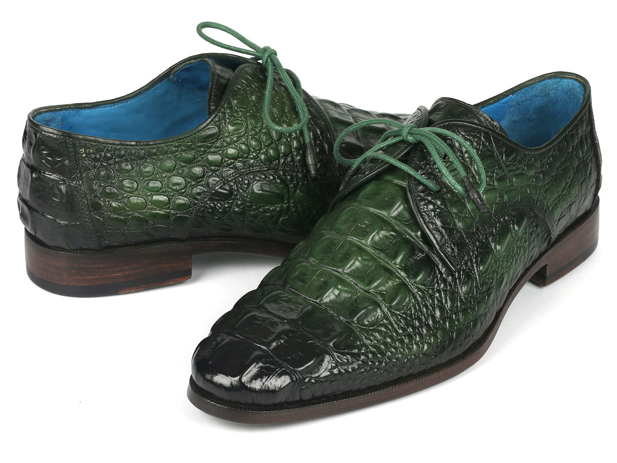 Paul Parkman Men’s Green Croco Textured Leather Derby Shoes – Hand-Painted Dress Shoes with Burnished Double Leather Sole