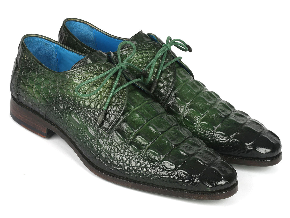 Paul Parkman Men’s Green Croco Textured Leather Derby Shoes – Hand-Painted Dress Shoes with Burnished Double Leather Sole