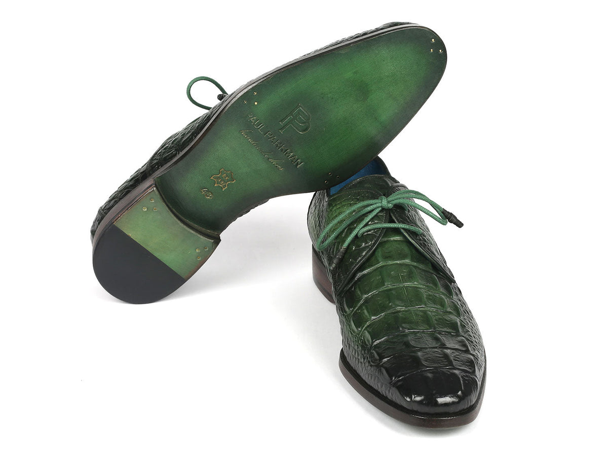 Paul Parkman Men’s Green Croco Textured Leather Derby Shoes – Hand-Painted Dress Shoes with Burnished Double Leather Sole