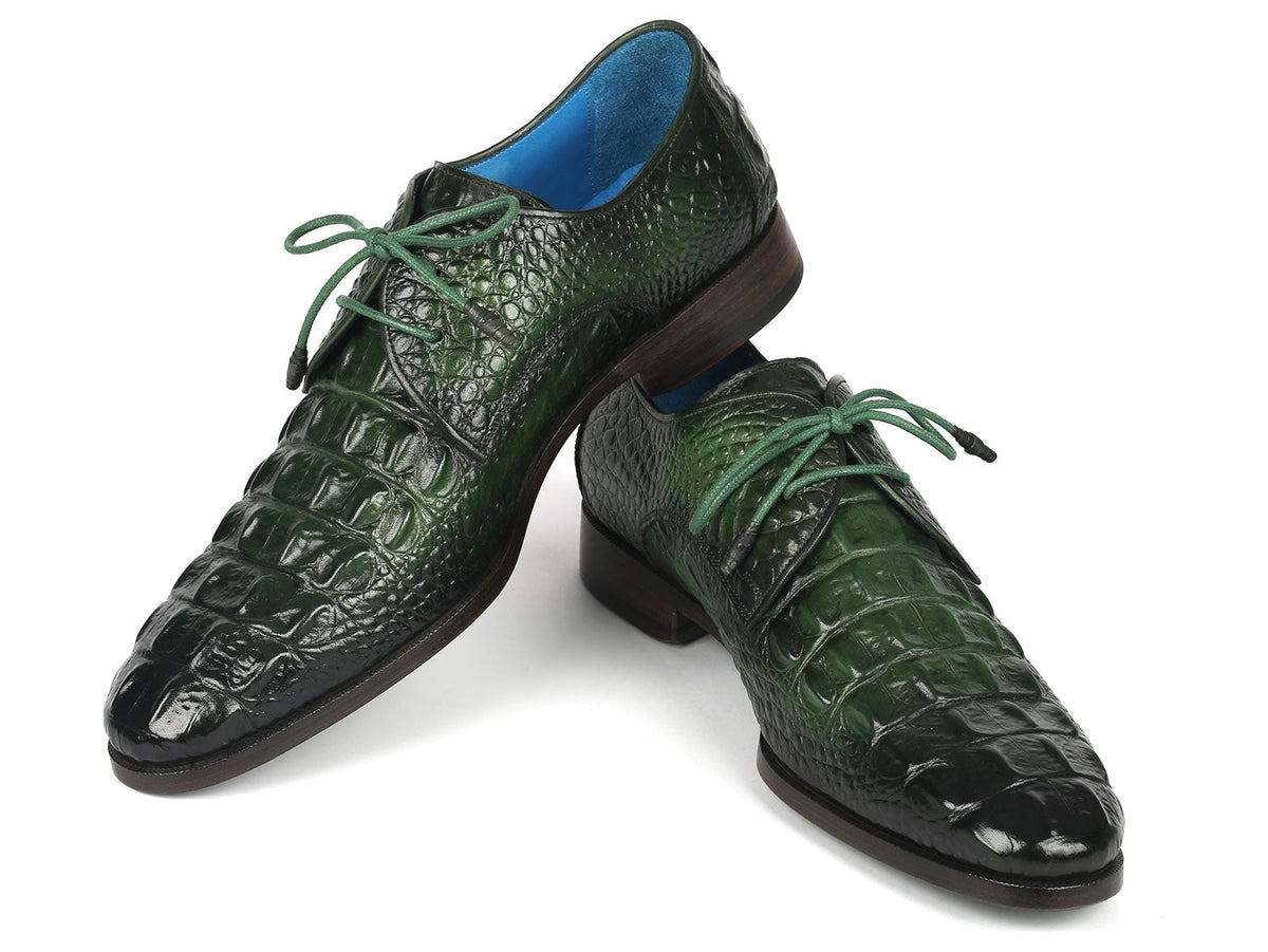 Paul Parkman Men’s Green Croco Textured Leather Derby Shoes – Hand-Painted Dress Shoes with Burnished Double Leather Sole