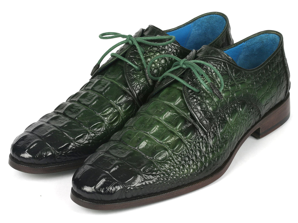 Paul Parkman Men’s Green Croco Textured Leather Derby Shoes – Hand-Painted Dress Shoes with Burnished Double Leather Sole