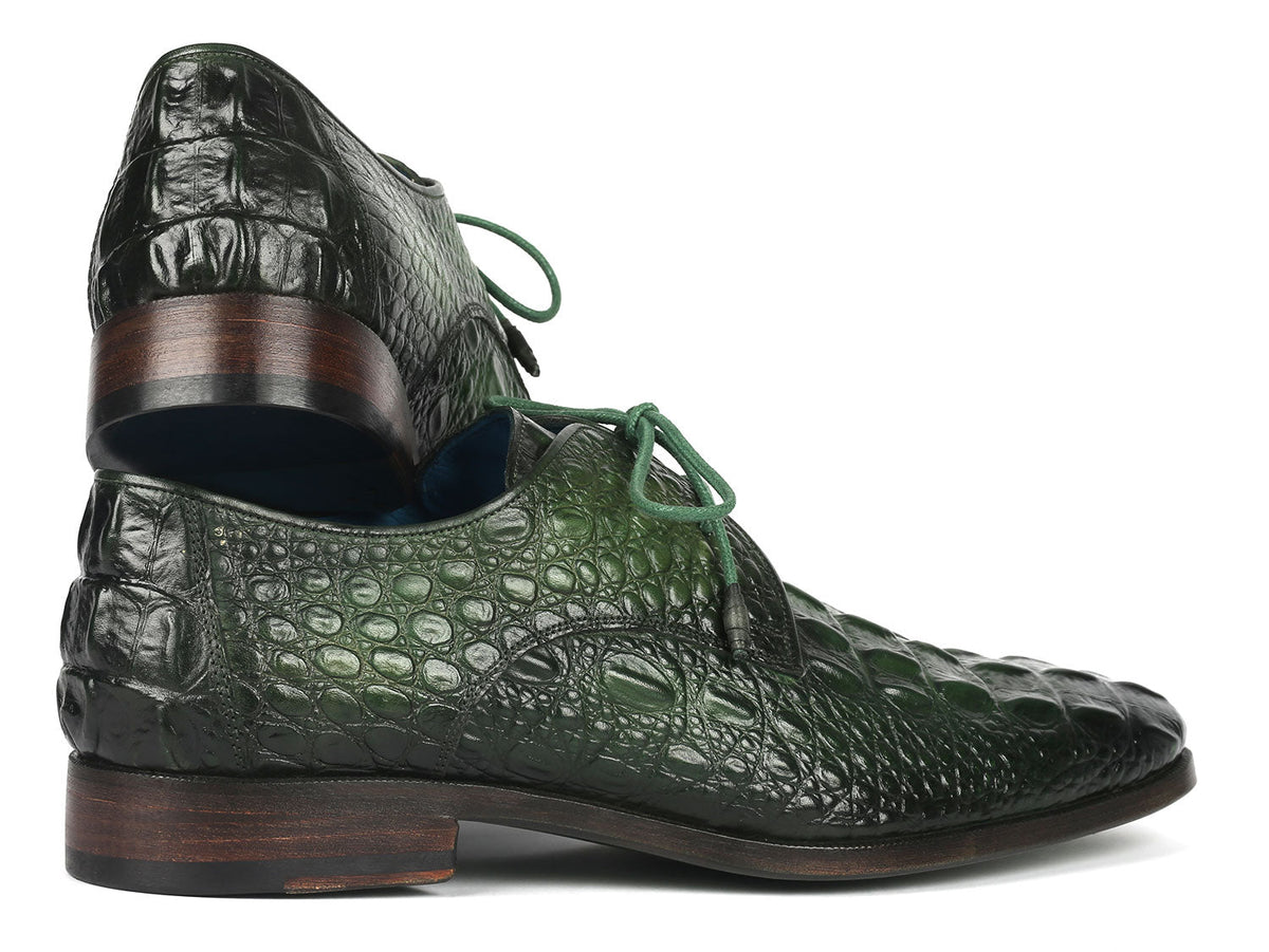 Paul Parkman Men’s Green Croco Textured Leather Derby Shoes – Hand-Painted Dress Shoes with Burnished Double Leather Sole