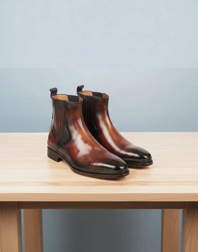 TexasBlue Austin Brown Burnished Leather Chelsea Boots for Men – Handmade Plain Toe Boots with Double Leather Sole