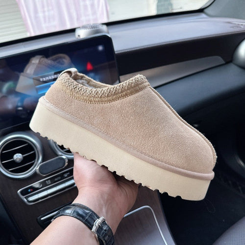 Women's Genuine Suede Furry Platform Slides – Cozy Slip-On Mules with Soft Fur Lining, Casual Indoor & Outdoor Shoes